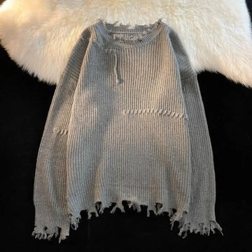 Knitted Sweaters for Men Solid Color Crewneck Man Clothes Pullovers Round Collar Plain with Holes Beige Torn Thick Winter Street